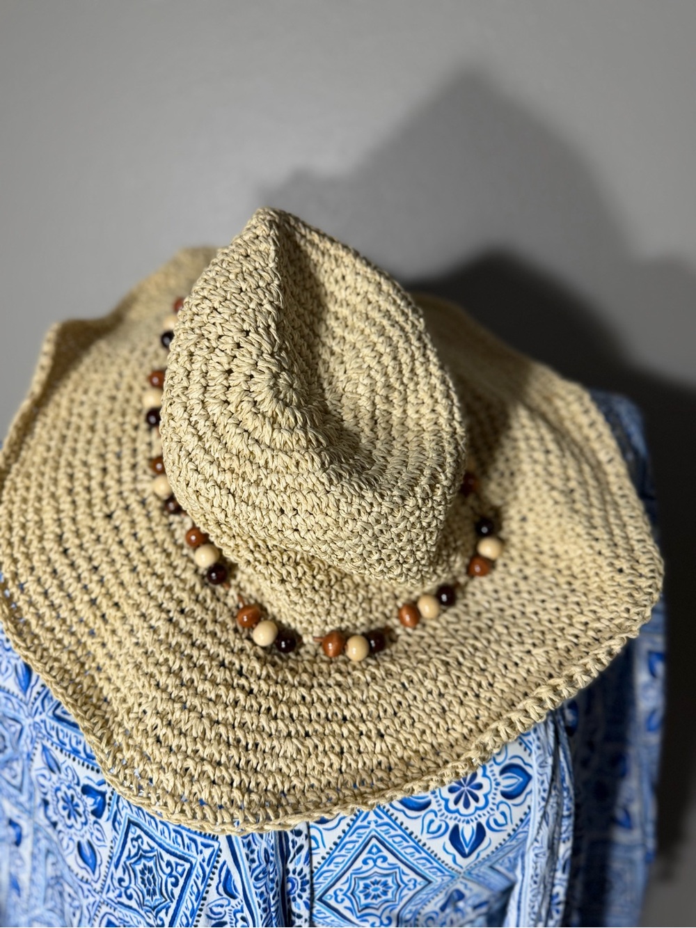 Beaded Crochet Sun Hat - Cream